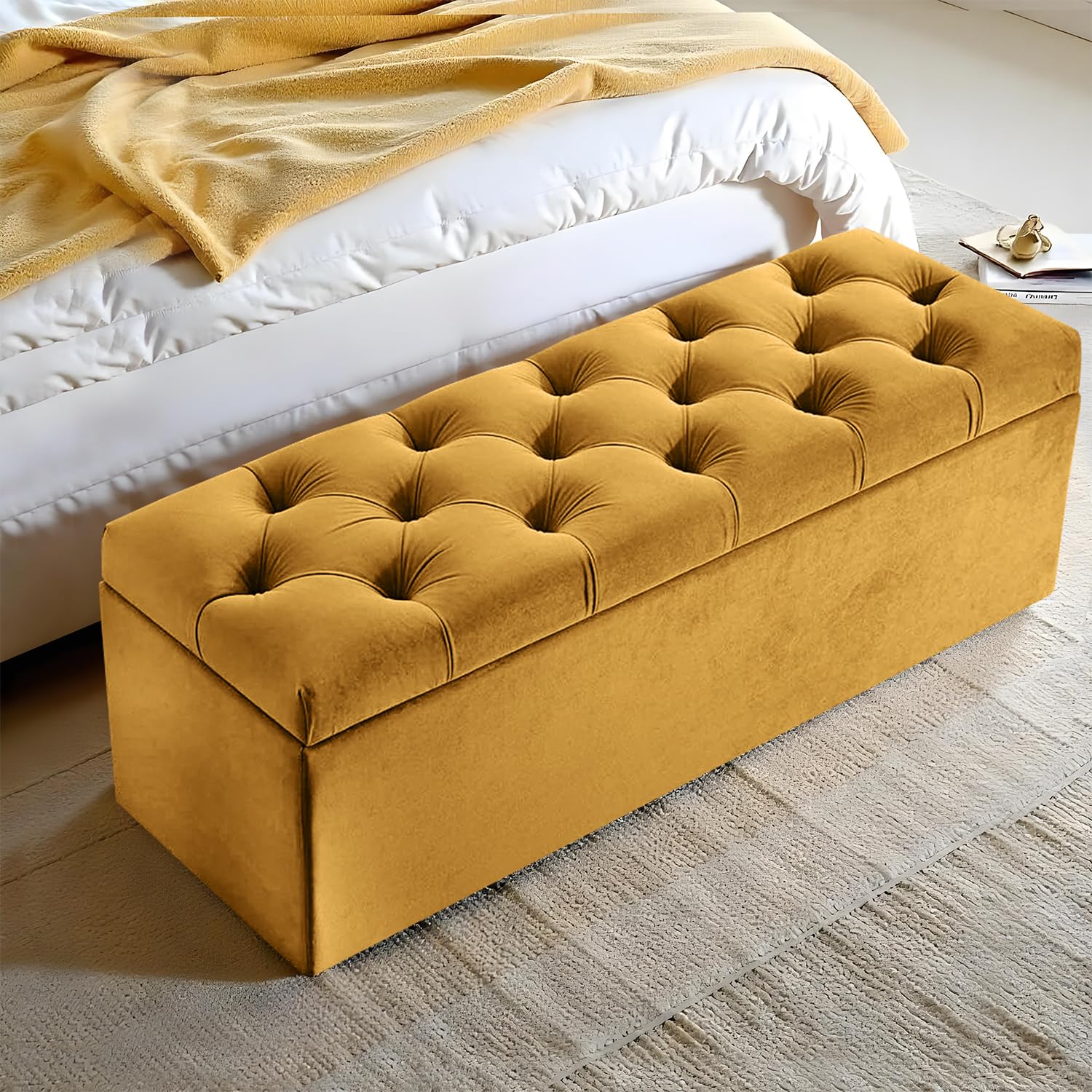 Harveys Living Chesterfield Ottoman Storage Box - Diamond Button Style Engineered Wood Luxurious Plush Velvet Ottoman Storage Bench - (Mustard, No Legs)