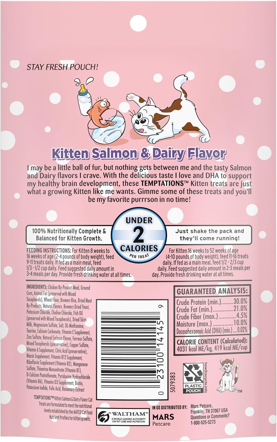 Temptations Kitten Treats Classic Crunchy and Soft Cat Treats, Dairy Flavor, 3 oz. Pouch (Pack of 12)