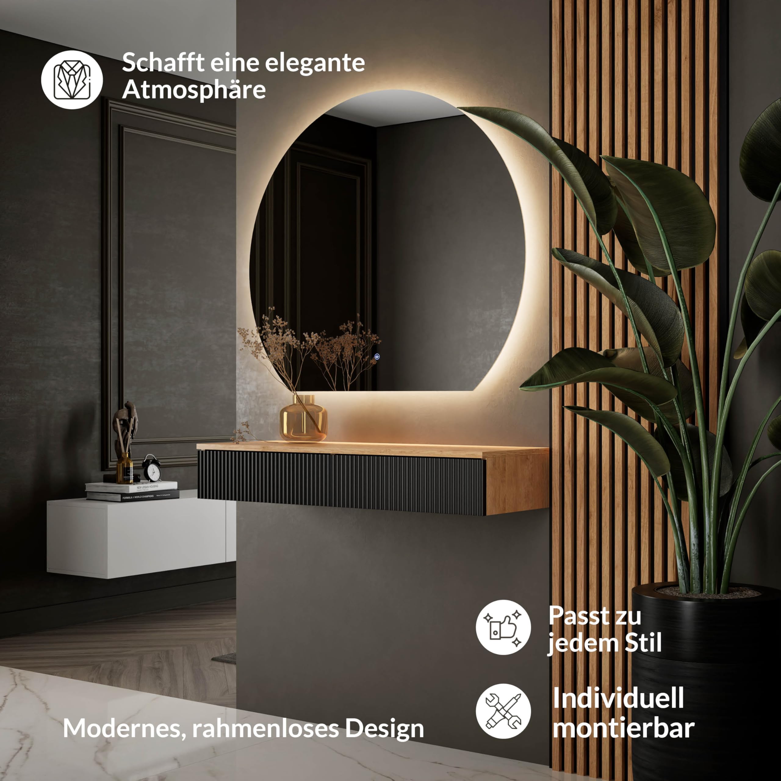 Planetmöbel Flur Garderobe Set Konsolentisch 100 cm mit Spiegel Beleuchtung halbrund Bogenspiegel Wand-Konsole Gold Eiche/schwarz