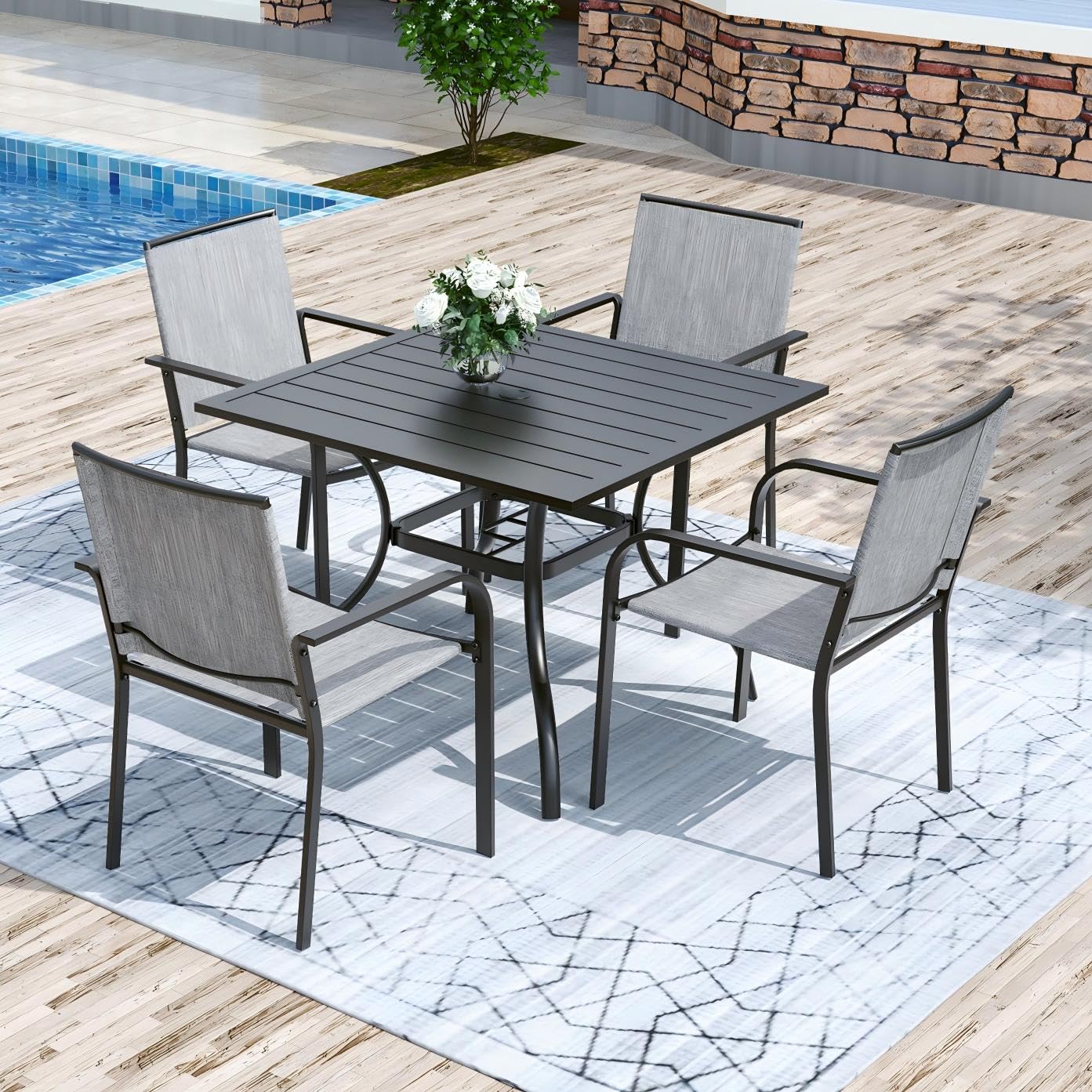 Anmutig 5 Piece Patio Dining Set, 35" Square Table &amp; Stackable Chairs Gray