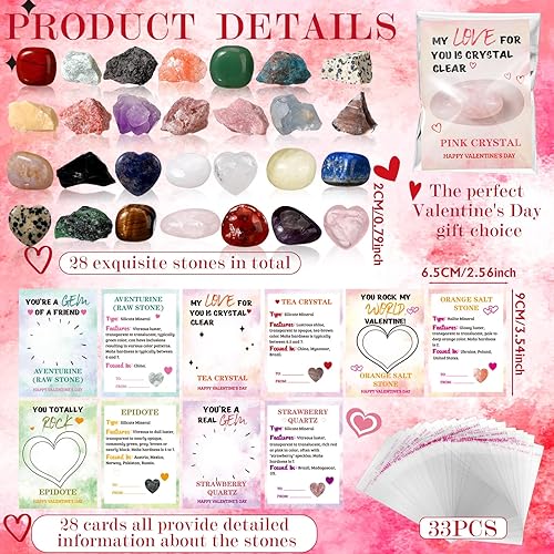Miniatura 2 de Paquete de 28 cristales para el día de San Valentín y piedras curativas a granel con tarjeta de significado, regalos de 0.8 pulgadas, corazón