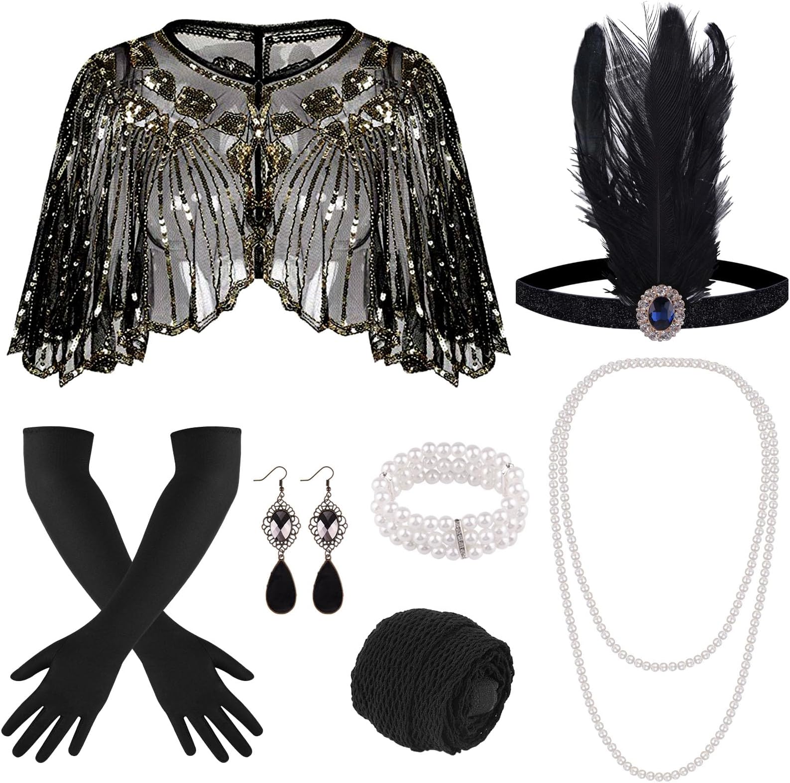 10 Pieces 1920s Flapper Gatsby Accessories Set Fashion Roaring 20's Theme Set with Headband Headpiece for Women