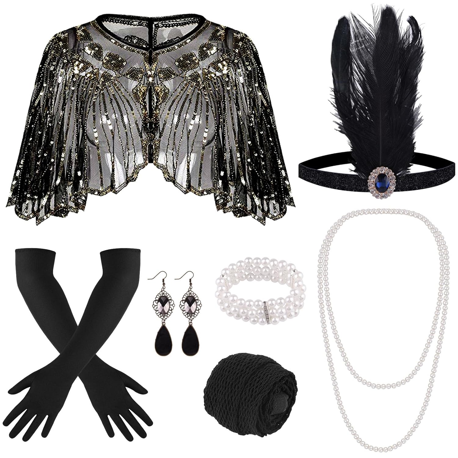 ELECLAND 10 Pieces 1920s Flapper Gatsby Accessories Set Fashion Roaring 20s Theme Set with Headband Headpiece for Women