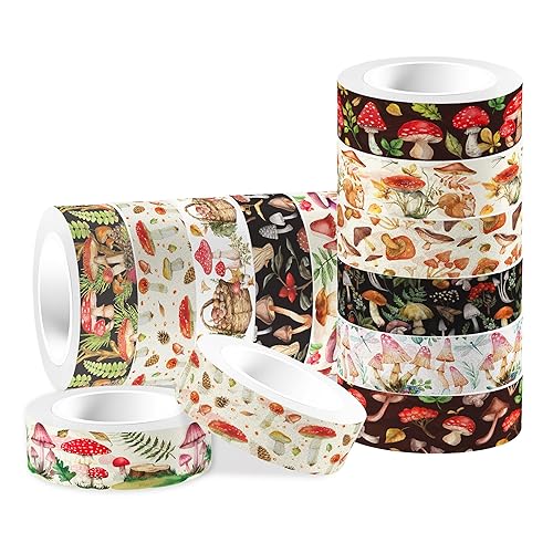 MOZUI 12 Pcs Mushroom Washi Tapes Set Forest Mushroom Vintage Masking Tape Mushroom Themed Decorative Tape Mushroom Printed Decorative for DIY, Planner, Scrapbooking, and Party Decor