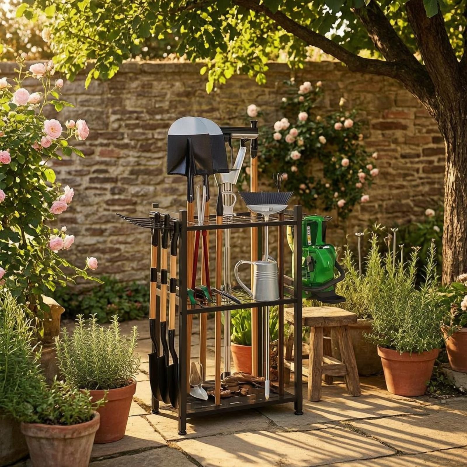 Colcolo Organizzatore Esterno Portattrezzi da Giardino Scaffale Ripiano Portaoggetti con Supporti Laterali in Acciaio al Carbonio Alloggiamenti Salvaspazio