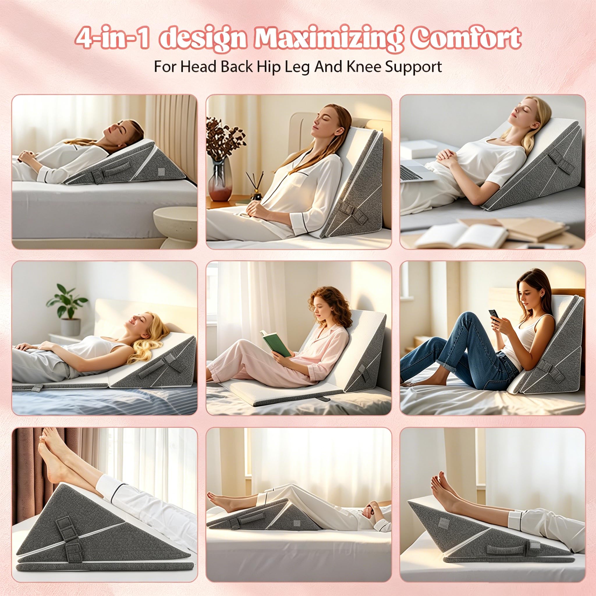 Cojín ajustable en cuña, 3 unidades, espuma de alta densidad para cama y sofá, cuña ergonómica para apnea del sueño por reflujo, almohada para piernas, cojín de espalda para leer, jugar o ver