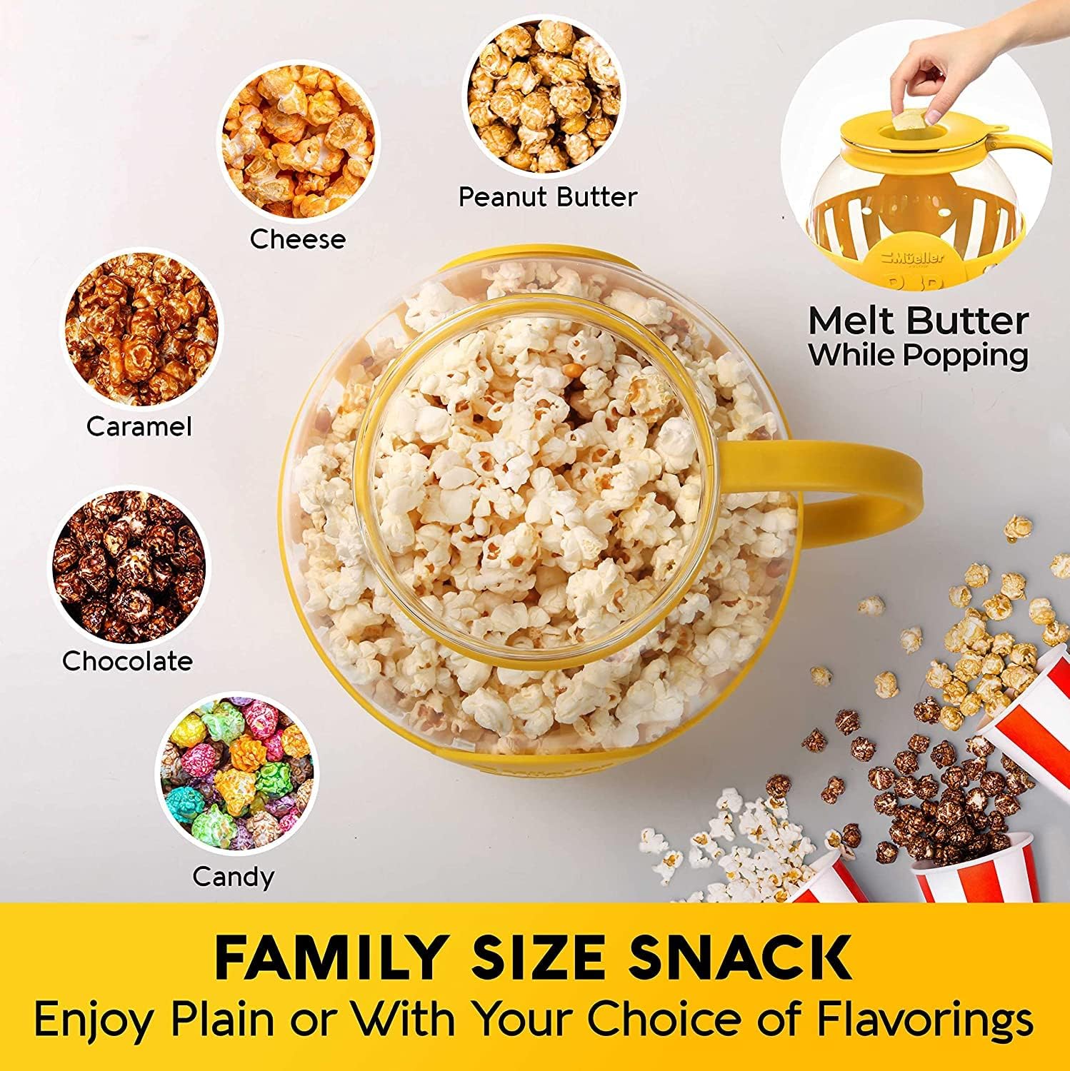 Mueller Premium Microwave Popcorn Popper, 3 Quart Capacity Popcorn Maker, Borosilicate Glass, 3-in-1 Silicone Lid, Healthy Snack - No Oil or Butter Required, Dishwasher Safe, Yellow