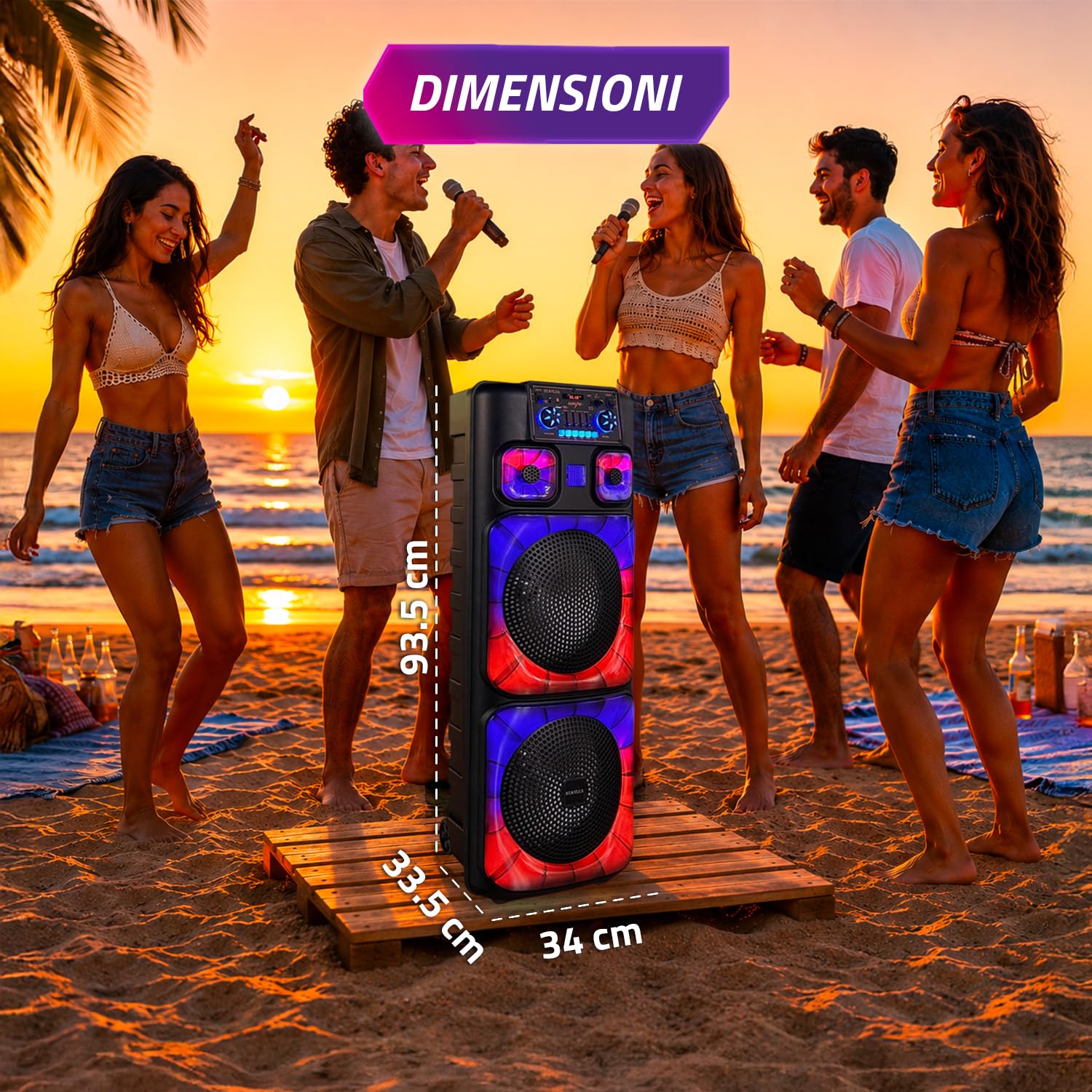 Avilia – Boîtier Bluetooth 800 W avec microphones sans fil, lumières LED RVB et télécommande | Haut-parleur portable puissant pour karaoké et fête, batterie rechargeable jusqu'à 8 heures d'autonomie