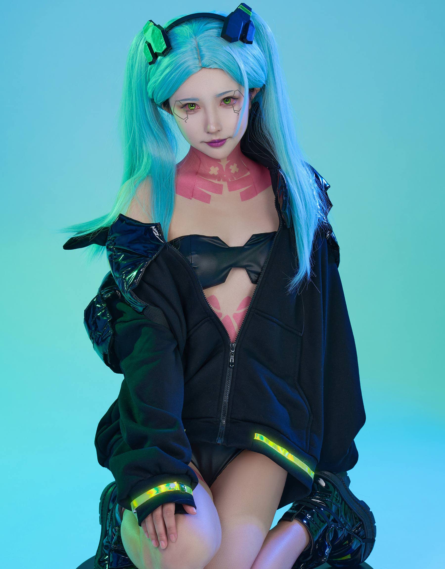 Cosplay.fm Women’s Cosplay Costume Punk Jacket Set with Shoe Cover Hair Band and Stickers: Small Black