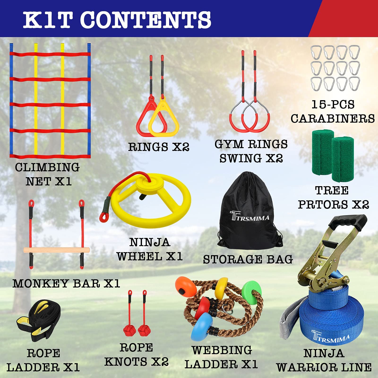 TT TRSMIMA Ninja Warrior Obstacle Course for Kids 60' Ninja Slackline