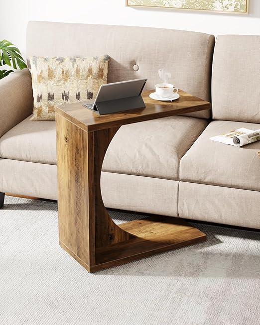 Tribesigns C-Shaped End Table, C Table for Sofa, Small Over Couch Tray, Side Table for Living Room, Bedroom, Rustic Brown (1)