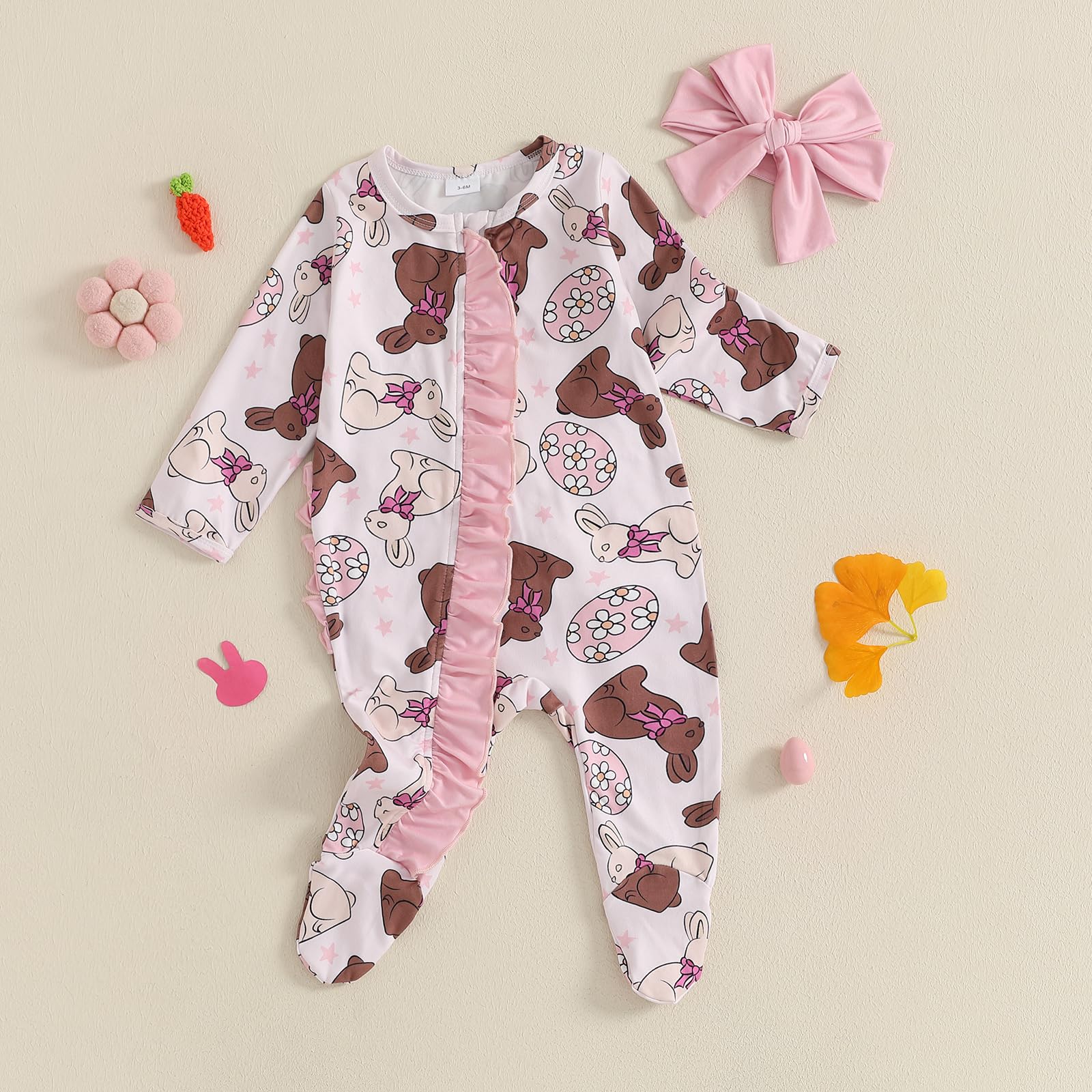 MoZiKQin Newborn Baby Girl Ruffle Romper Knit Sweater Footie Jumpsuit Long Sleeve Zipper Romper Cute Fall Winter Outfits (Easter Eggs Bunny-brown,Newborn)