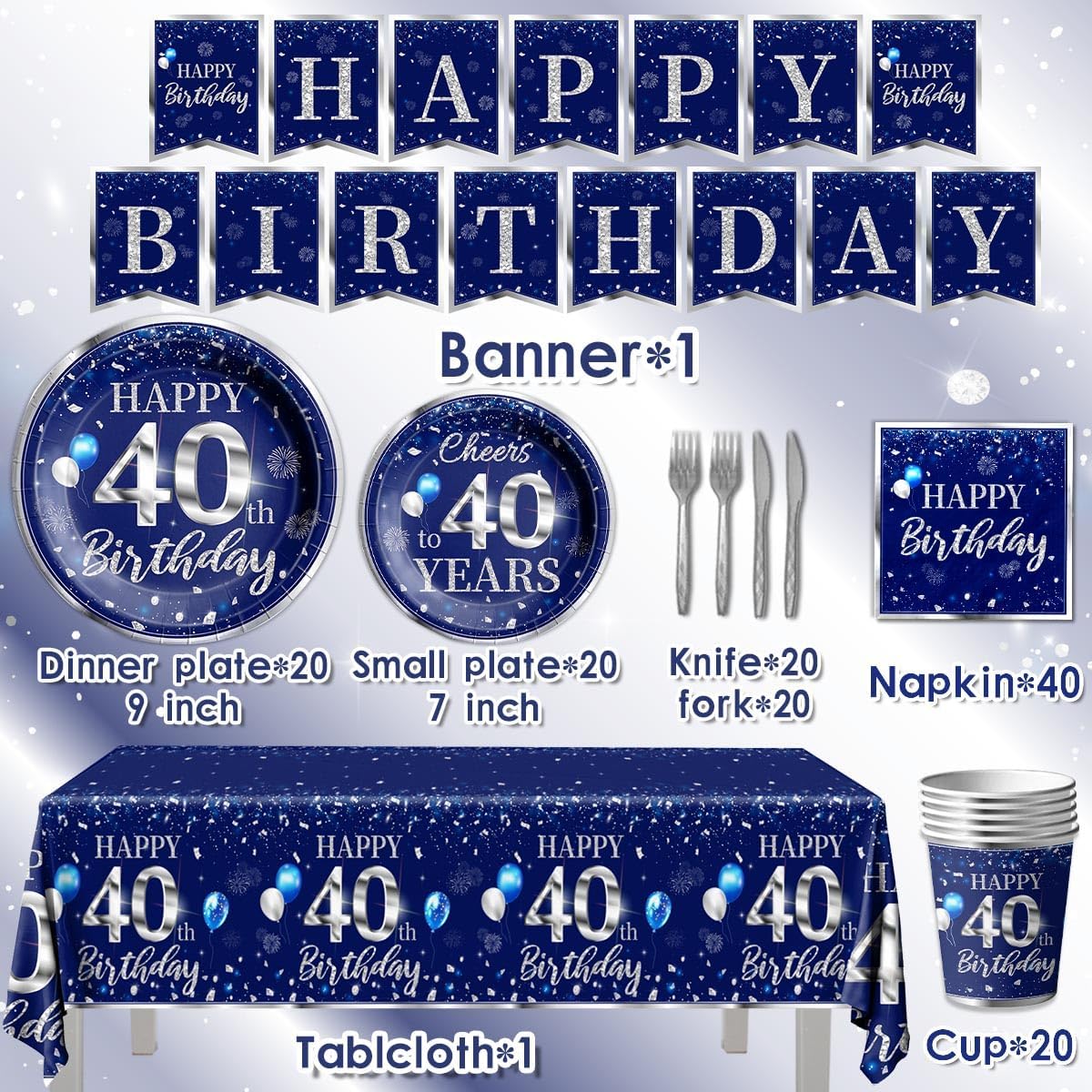GREHUMOR 142 Pcs 40th Birthday Tableware Set Decorations Sliver and Blue 40th Happy Birthday Party Supplies for Men Women Birthday Tablecloth,Plates, Napkins, Cups,Forks and Knives - Image 3