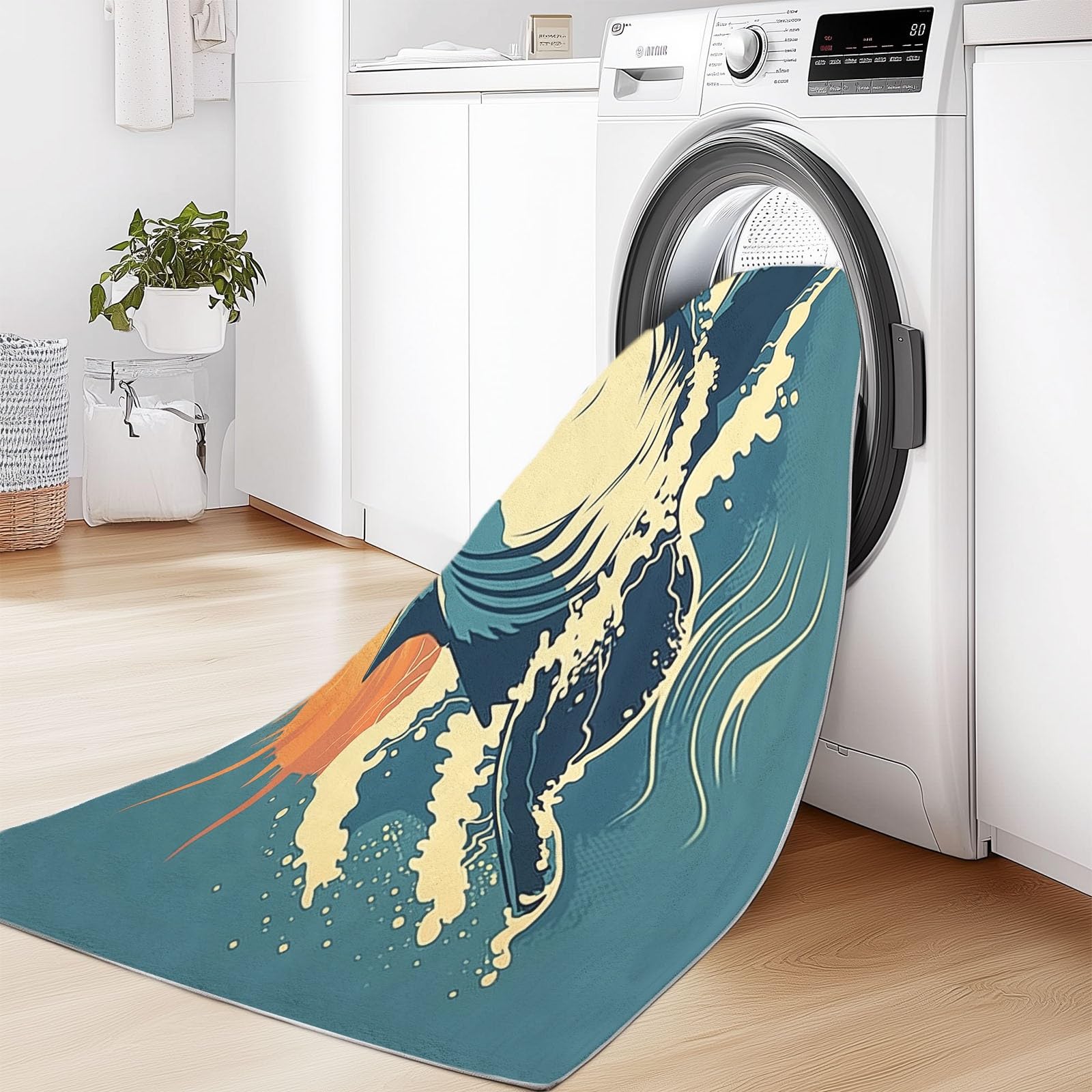 Générique Tapis de Salon Lavable en Machine 140 x 200 cm Doux à Poils Courts Moelleux Surf Vintage Tapis antidérapant, Requin Soleil Vague Style Rétro pour Le l'entrée, la Chambre et la Cuisine