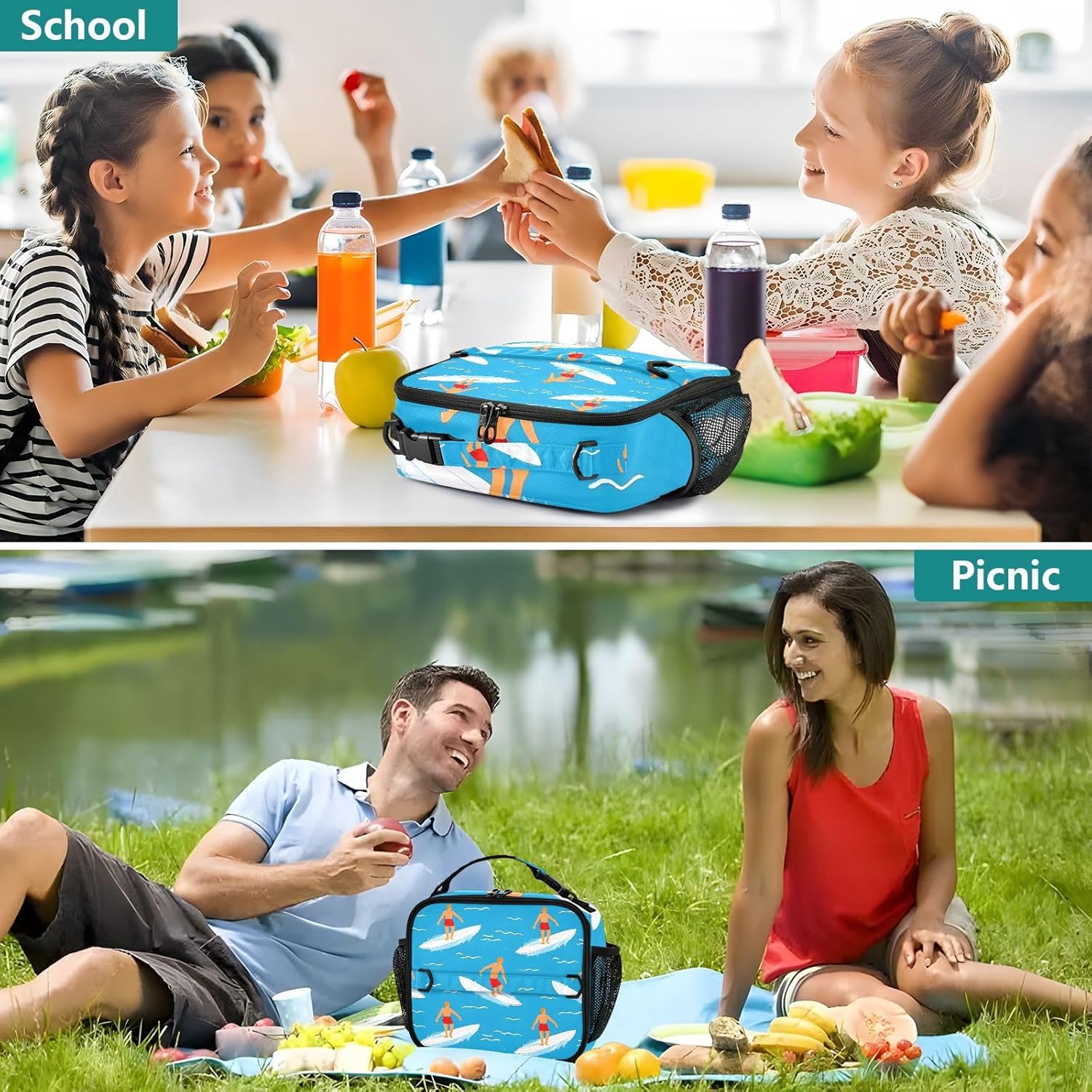 OREZI Surf Lunch Box Reusable Insulated Lunch Bag Women Men Cooler Tote Bag for Kids Boys Girls School Office Picnic
