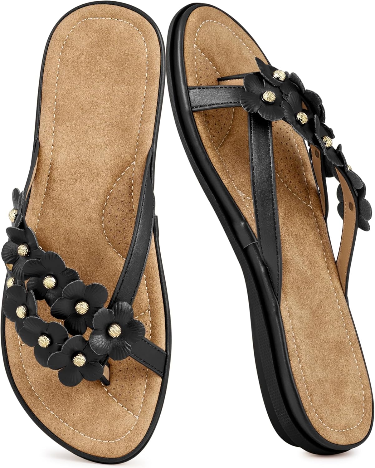 Aomigoct Comfortable Dressy Women's Sandals: Memory Foam Cushioned & Quick Slip-On Thong Slides for House Wear - Soft PU Leather & Non-Slip Soles for Casual Outings - For Comfort Seekers