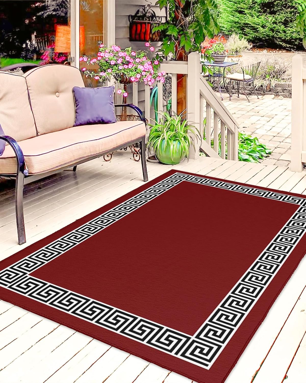 Outdoor Rug 5x8 ft Geometric Greek Key Design Outdoor Large Area Rug Non Slip Rubber Red Washable Front Door Mat RV Rug Camping Carpet Patio Outdoor Rugs for Backyard Balcony Deck Porch Indoor Outside
