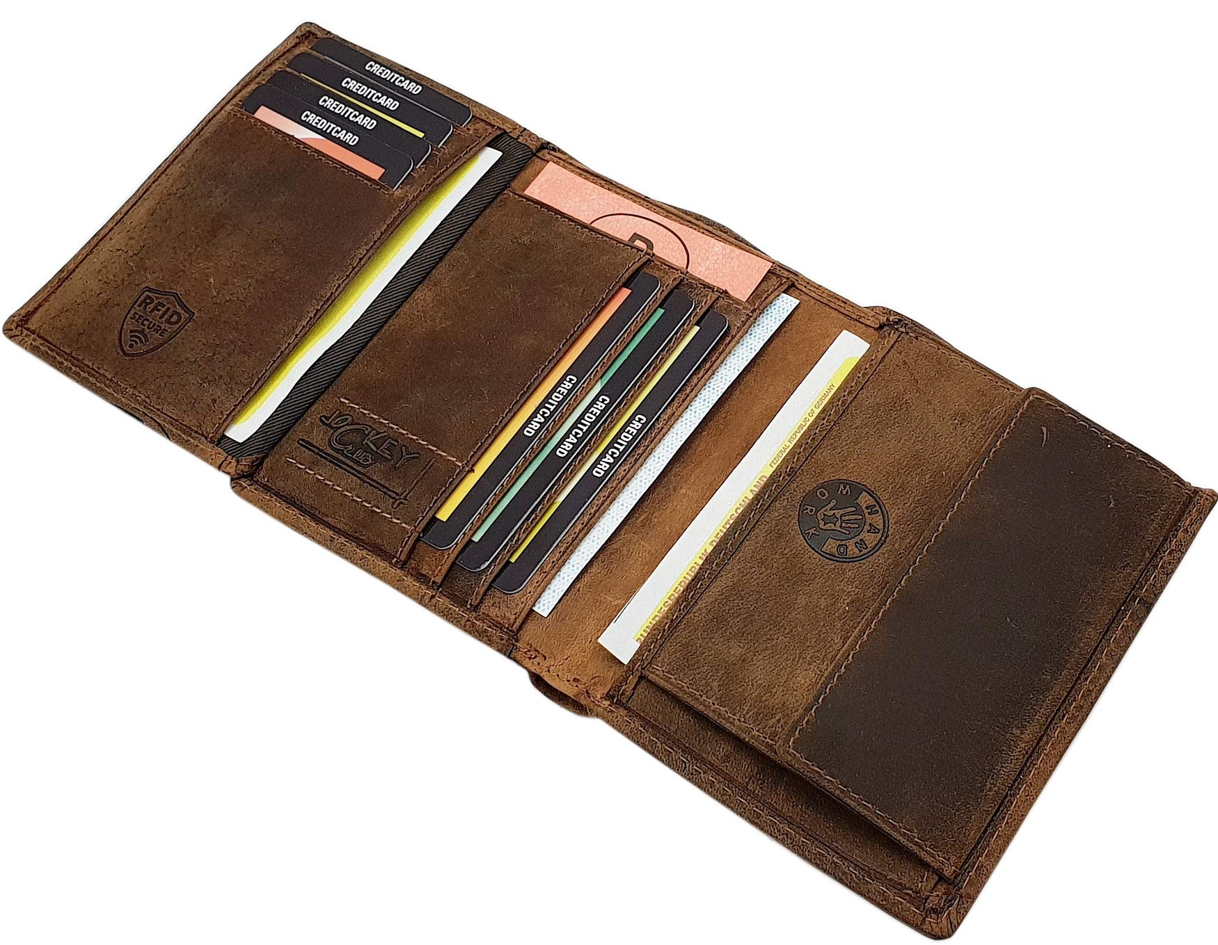 Cuero de búfalo Cartera con Cadena metálica con Calavera-Motivo en Formato Vertical o Formato oblongo con Bloqueo RFID y NFC en marrón