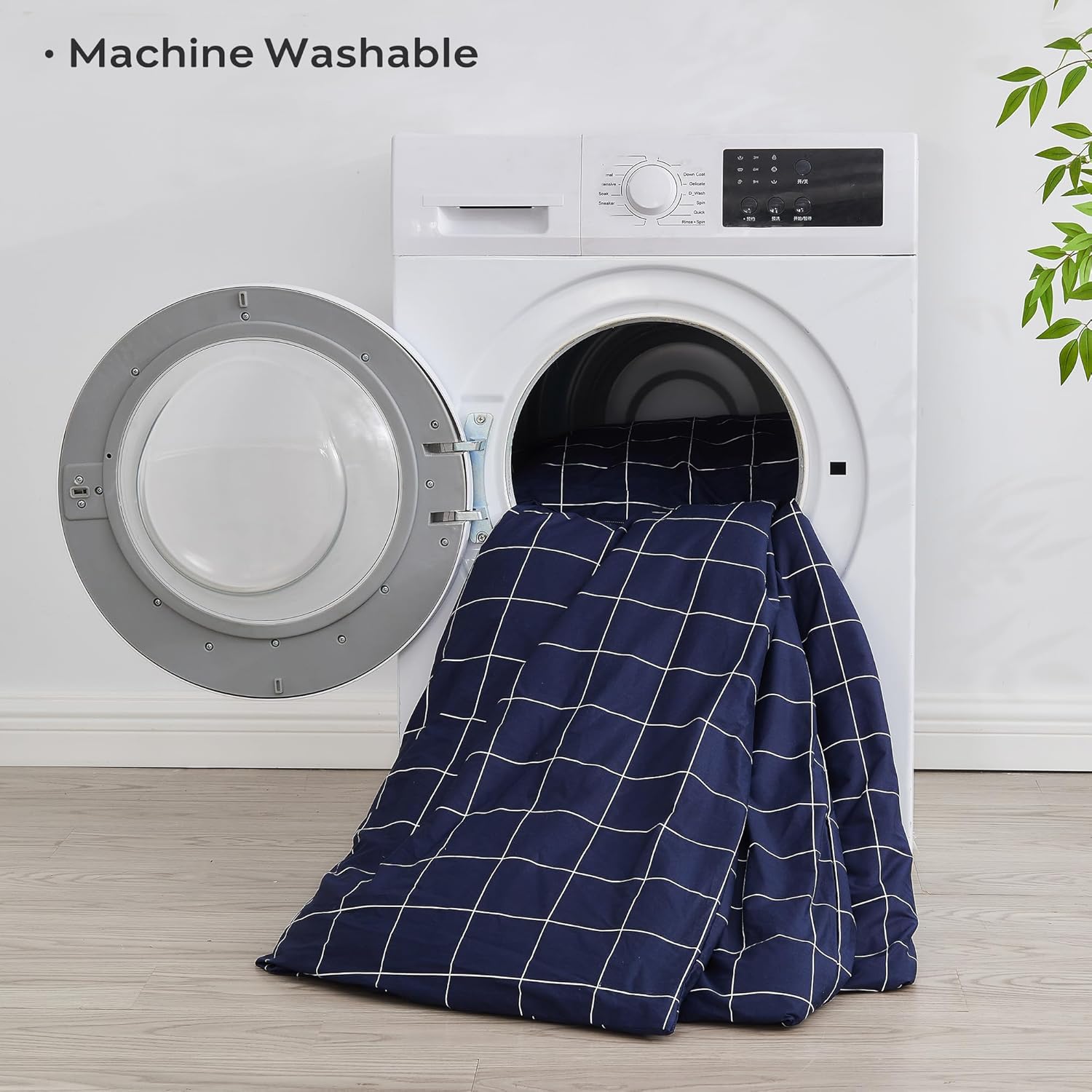 JELLYMONI 100% Natural Cotton 3pcs Plaid Duvet Cover Sets, Checkered Queen Comforter Cover, 1 Duvet Cover and 2 Pillow Cases with Zipper Closure & Corner Ties, Dark Blue