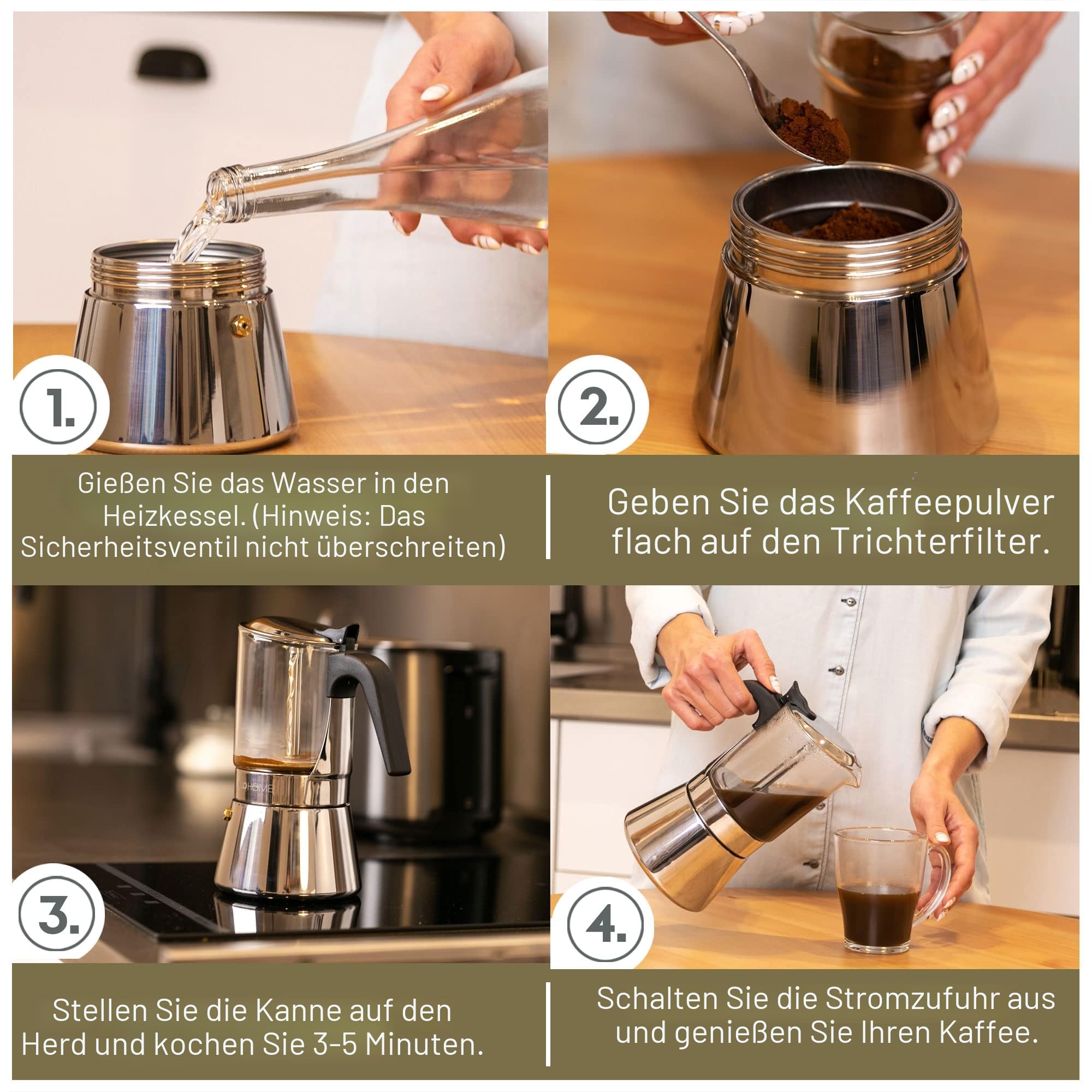 VeoHome Espressokocher Klassisch italienische Perkolator-Mokakanne 360 ml - luxuriöses Kristallglas und rostfreier Stahl