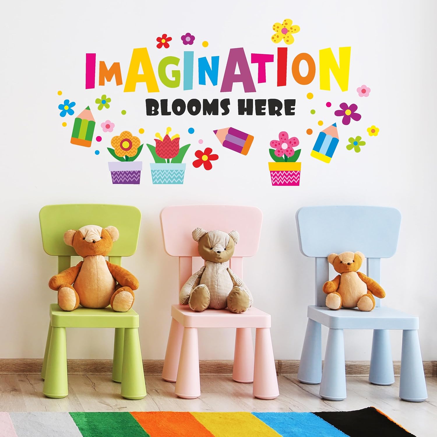 Inspirational Wall Decals for Kids - Educational Quotes Wall Stickers for Toddler Boys Girls - Classroom Peel and Stick Stickers [Imagination Blooms Here Phrase Wall Decals] + Test Sample Included!