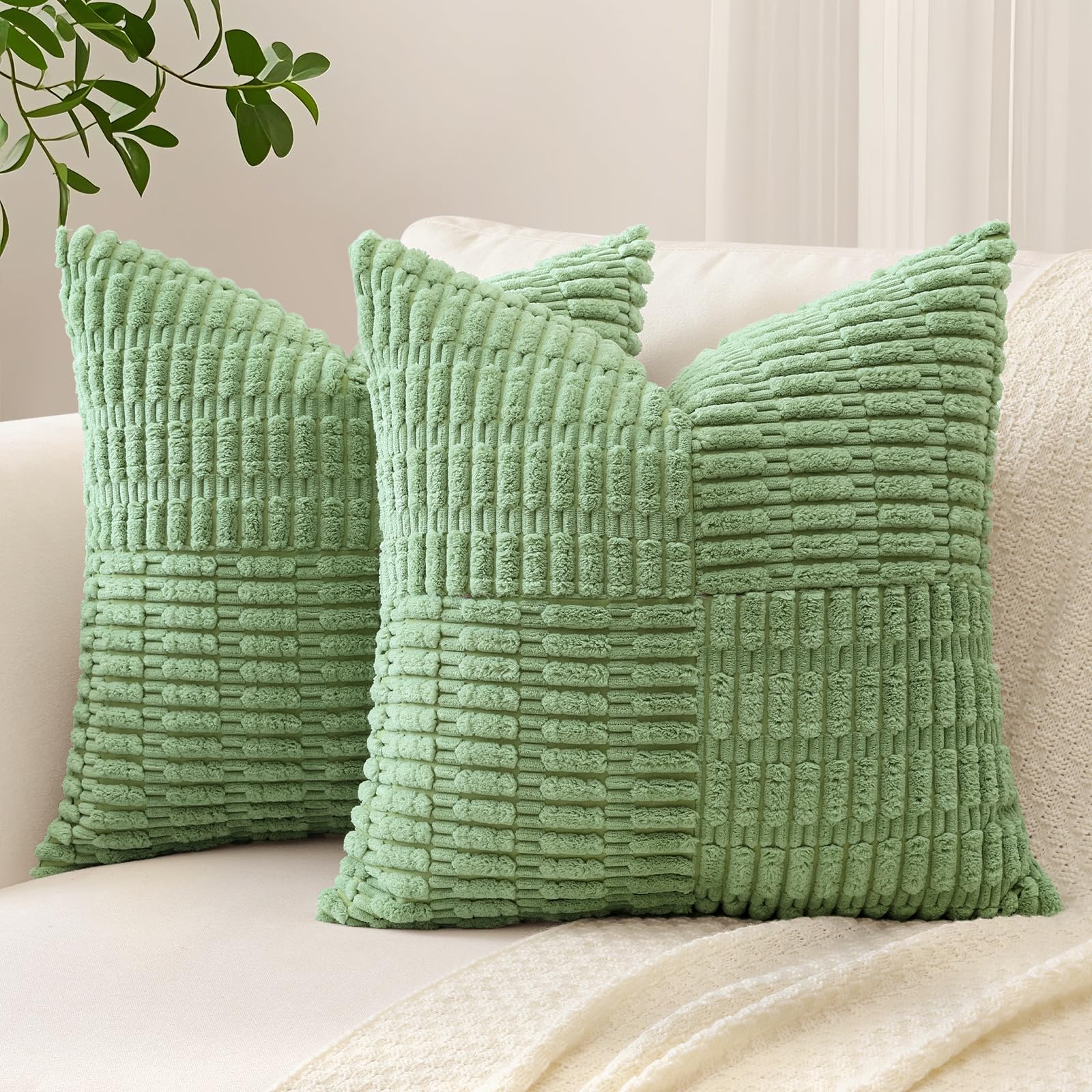 Sungeek Set of 2 Decorative Cushion Covers 60 x 60cm Soft Corduroy Striped Cross Patchwork Textured Pillow Cases Boho Farmhouse Square Throw Pillow Covers for Sofa Bed Patio 24x24 Inch, Sage Green