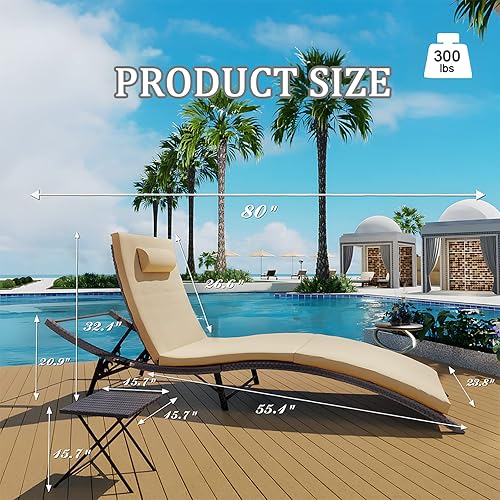 Miniatura 2 de Kullavik Lounge Chair for Outside,3 Pieces Chaise Lounge Outdoor Folding Pool Lounge Chairs Including Table Rattan Patio Furniture Set,Khaki