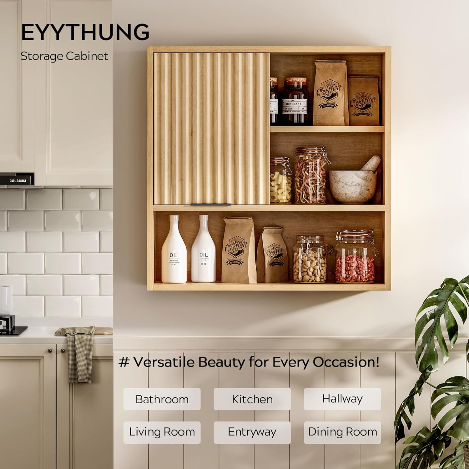 2PCS Fluted Wall Cabinet Bathroom, Modern Medicine Cabinet with Sliding Door Adjustable Shelf Wood Storage Cabinet Wall Mounted for Kitchen Dining Room Living Room, Natural Oak