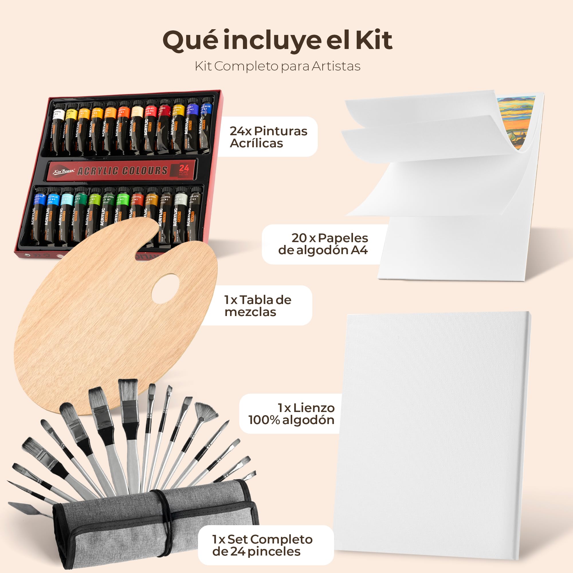 Kit de Pinturas Acrílicas Profesional, 24 Colores con 24 Pinceles, 20 Lienzos A4, Paleta de Mezclas de Madera y Estuche de Almacenamiento