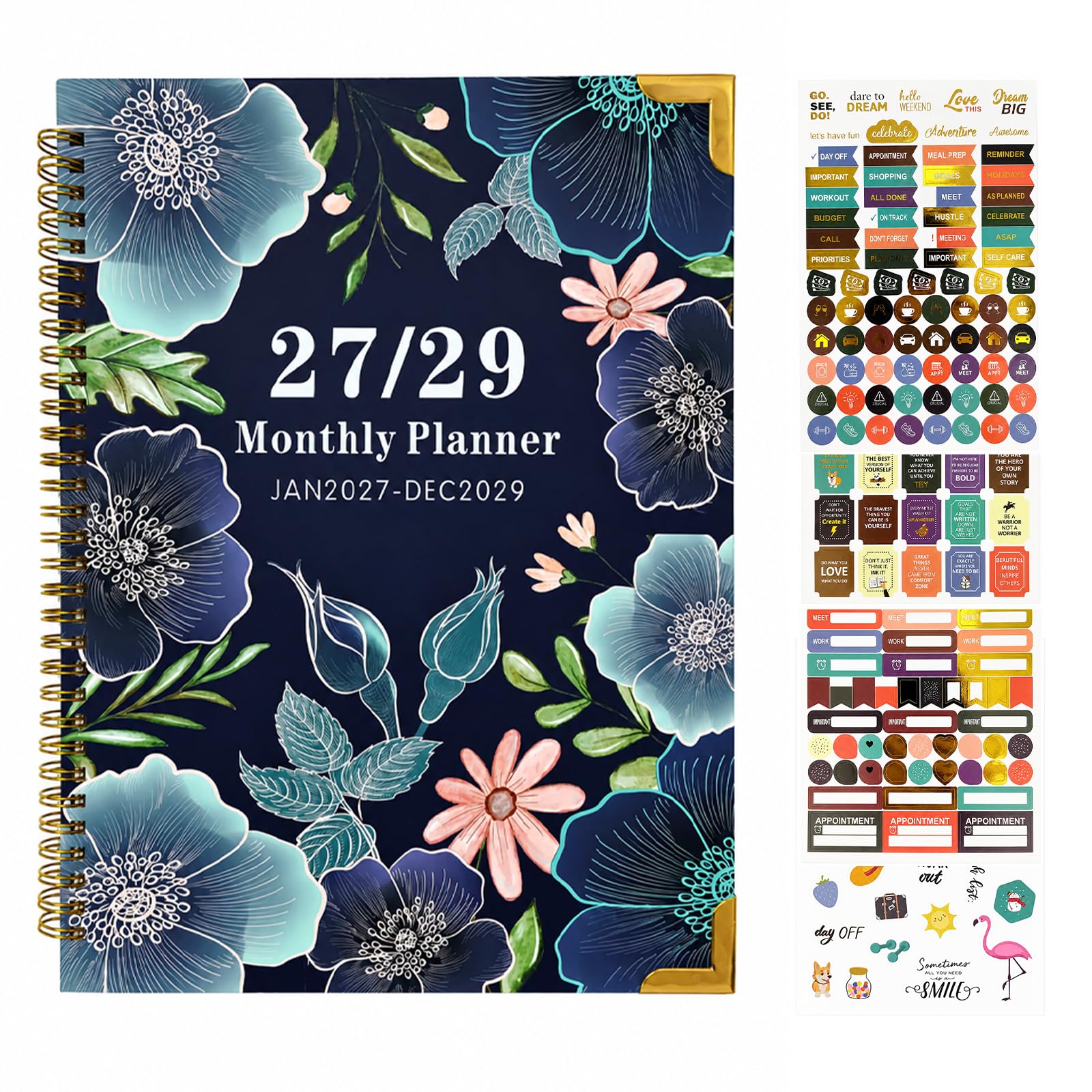 2027-2029 Monthly Planner, 3 Year Planner Jan 2027 to Dec 2029 – A4 9"×11" Monthly Calendar Book with Colour Tabs, Twin Wire, Pocket & 4 Sticker Sheets, Organiser for Students & Office Work(B.Blue)