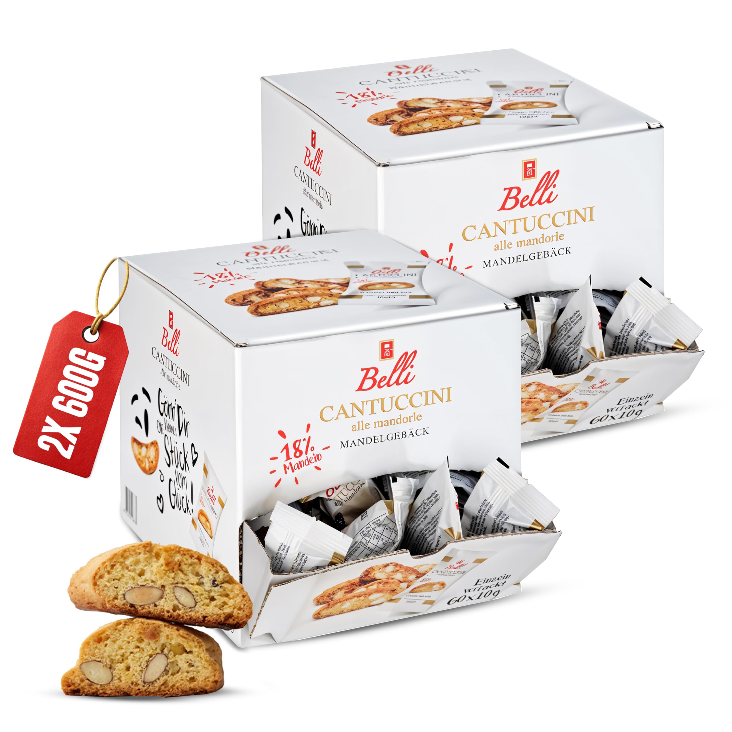 Belli Cantuccini Mandelgebäck 600G [DOPPELT GEBACKEN] mit 18% Mandel-Anteil | 60 Kekse pro Box | Italienische kekse | mit Blütenhonig | Biscotti di Prato