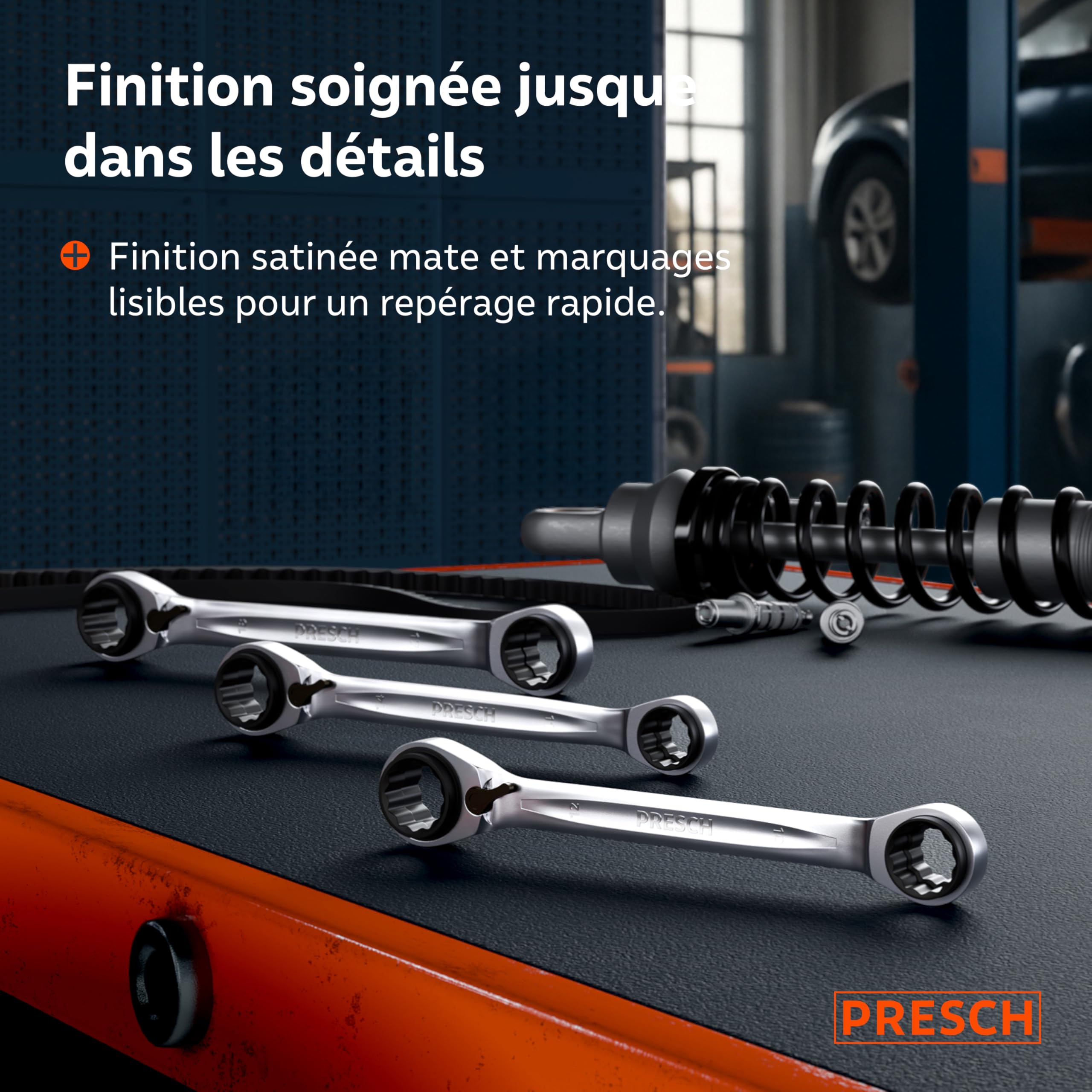PRESCH Jeu de 4-en-1 clés à cliquet annulaire double 3 pcs avec sacoche 8-19 mm – Fonction à cliquet réversible – Clés extrêmement robuste avec 90 dents & angle de reprise de 4°