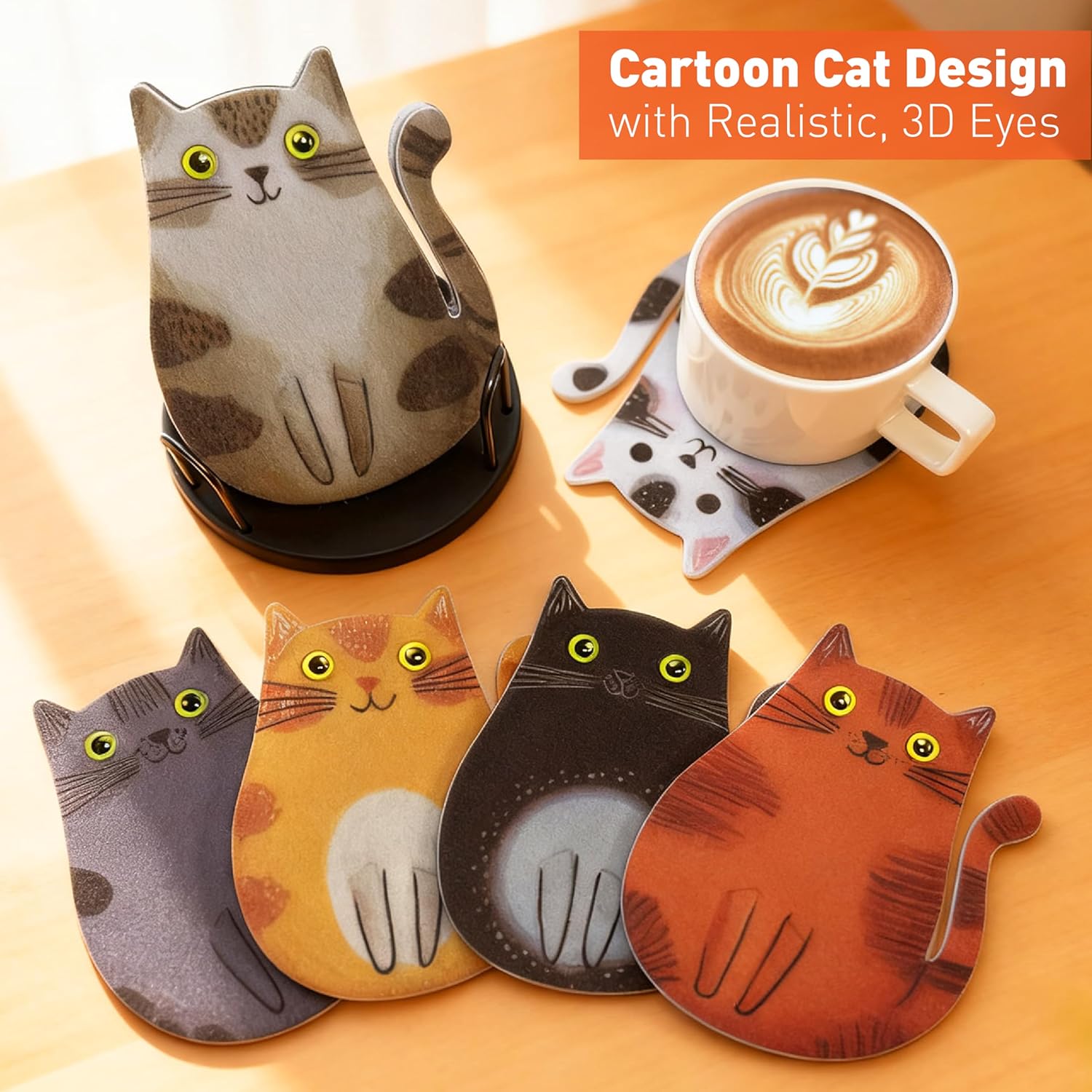 Cartoon Cat Coasters 6-Pack, Super Cute Absorbent Felt Coasters for Drinks, Non-Slip Scratch Protection for Wood Tables, Washable Rugged Coaster Set with Holder, Fun Gift for Cat Lovers (6PC) - Image 3