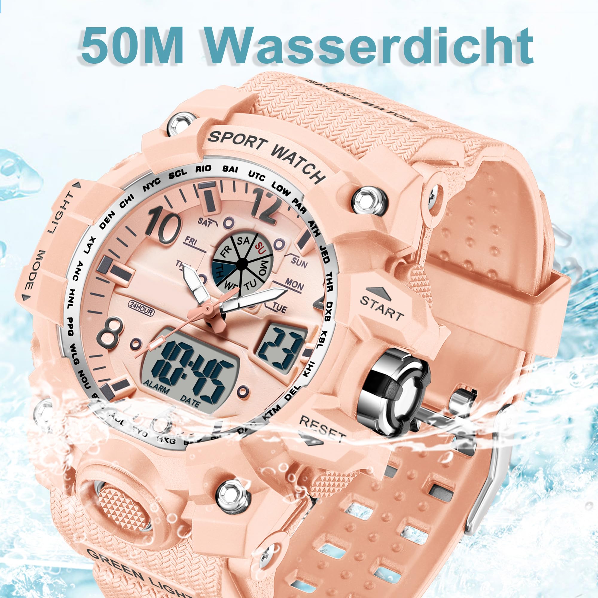 findtime Montre-bracelet numérique pour femme - Étanche jusqu'à 5 ATM - Montre militaire - Montre numérique pour garçons et filles - Montre de sport analogique numérique LED multifonction avec réveil