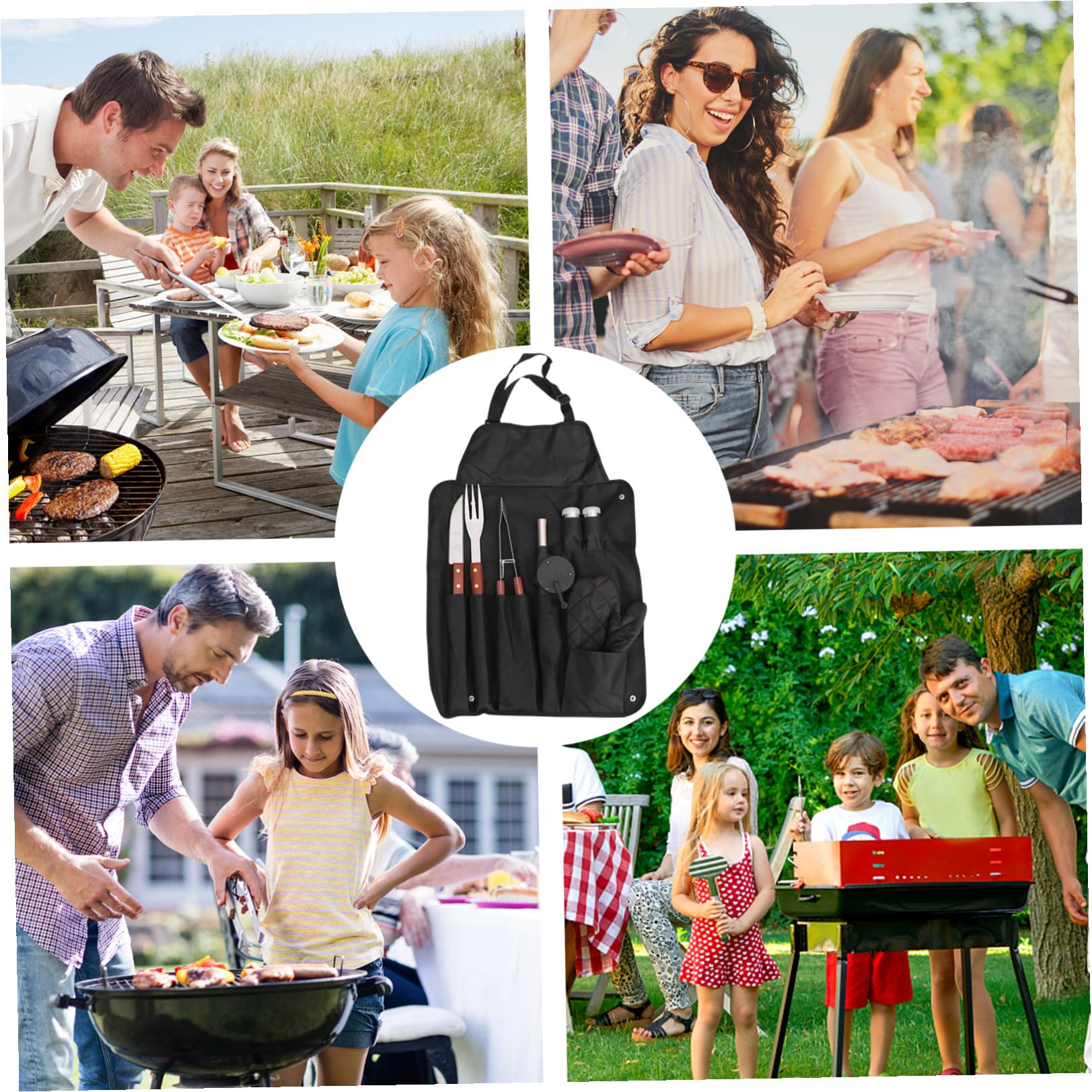 jojofuny Juego de Utensilios para Barbacoa Delantal y Bolsa de Almacenamiento, Herramientas de Acero Inoxidable y Mango de Madera para Barbacoa al Aire Libre en Fiestas