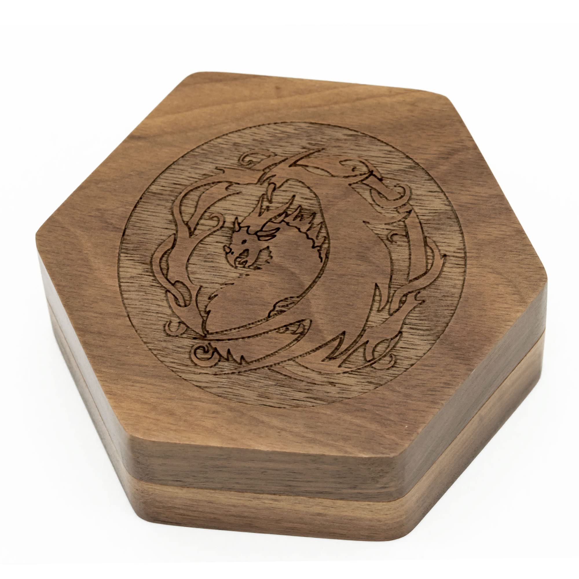 UDIXI DND-Würfelset aus Holz mit magnetischem Deckel zur Aufbewahrung, Walnuss-Würfelbox für polygonale D&D-Würfel (sechseckig, Drachenmuster)
