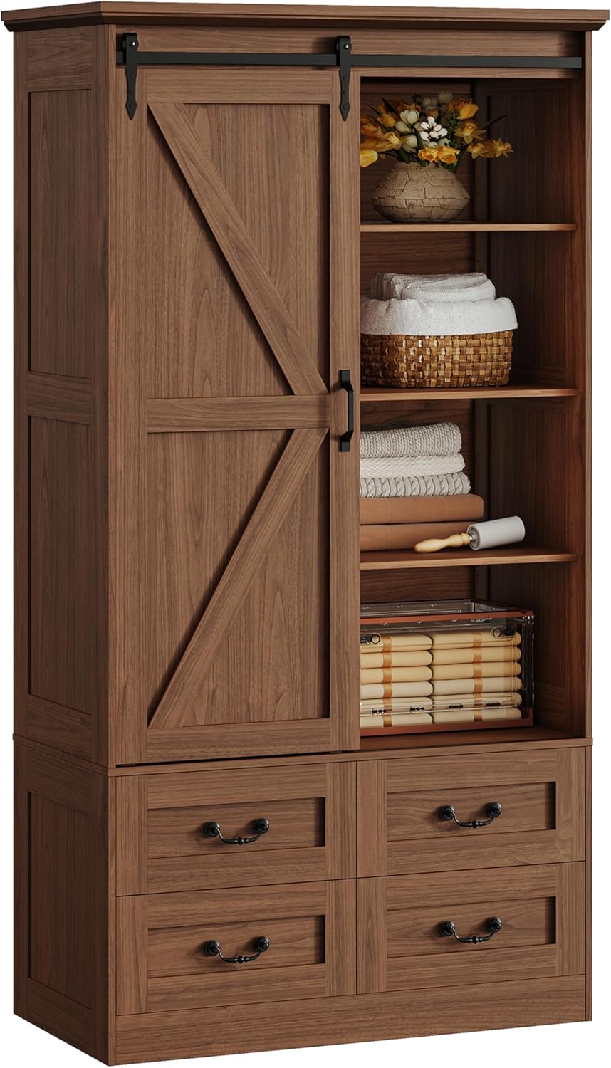 IRONCK Armoire Wardrobe Closet with 4 Drawers,71" Wardrobe Cabinet with Sliding Barn Doors, Tall Clothing Storage Cabinet with Hanging Rod and Shelves for Bedroom,Walnut