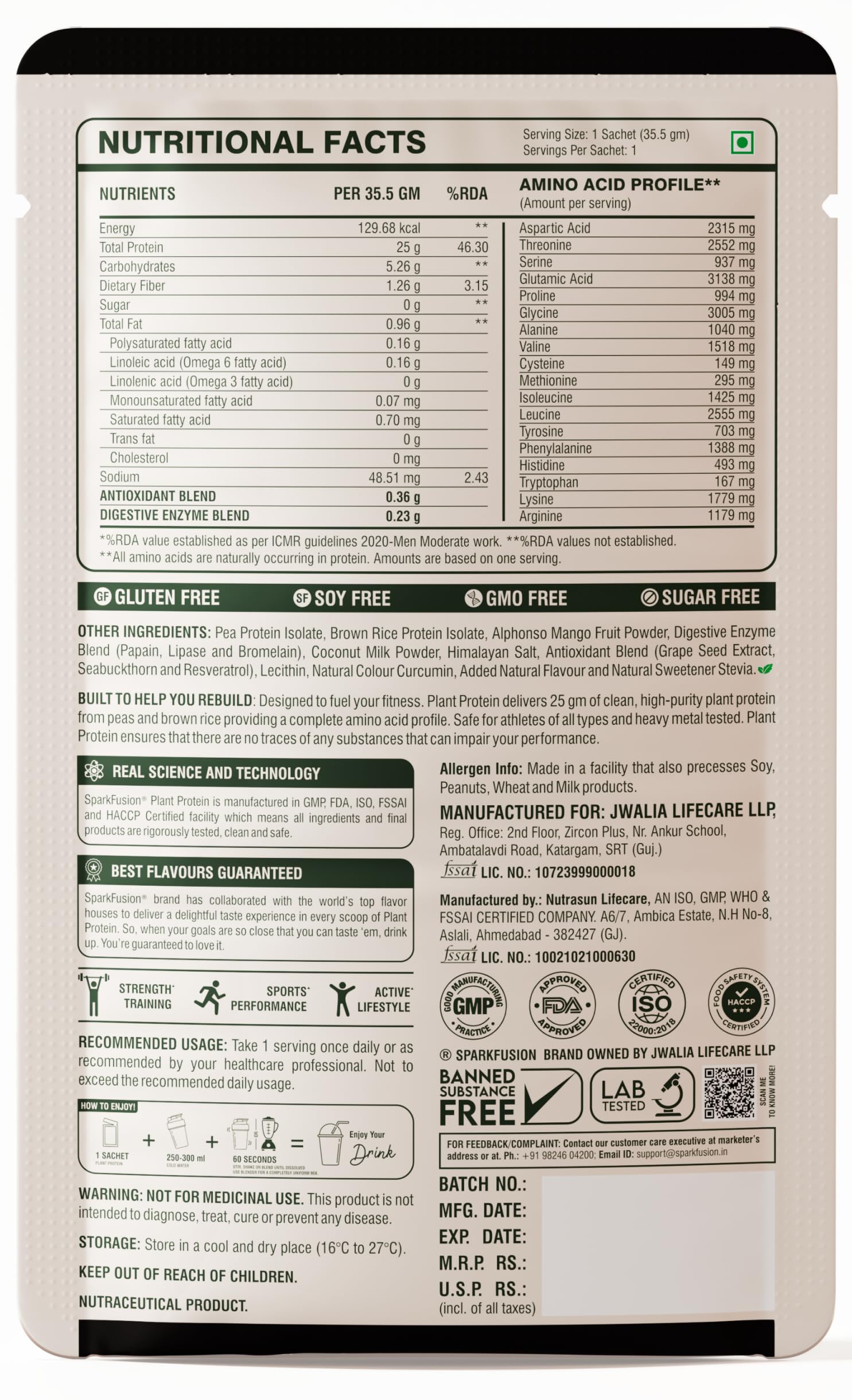 Sparkfusion Plant Protein Powder Isolated Pea & Brown Rice Protein | 25g Protein per Sachet | 5.5g BCAA | Vegan, Gluten Free & Sugar Free | Alphonso Mango Flavour | Pack of 10 Sachets — Amazon image 3