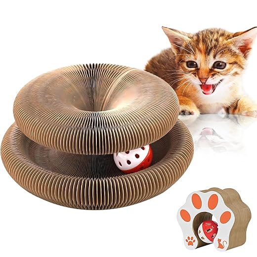 Magic Organ Cardboard Cat Scratching Board Toys, Interactive Cat Toys with Bell Ball, Scratch-Resistant and Abrasion-Resistant Foldable Indoor for Cat Play, Chase & Scratch