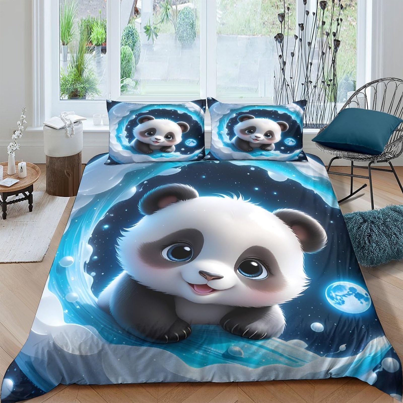 Ctjqhvkz Style-6 3D Printed Cute Panda Fitted Sheet Microfiber Soft Blue Cartoon Moon Mattress Cover For Bedroom Dorm Decor Single（135X200cm）