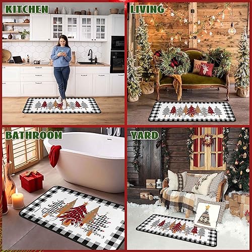 Miniatura 5 de Juego de 2 alfombras y tapetes de cocina con diseño de árbol de Navidad a cuadros, decoración de invierno para el hogar, decoración de piso de bajo