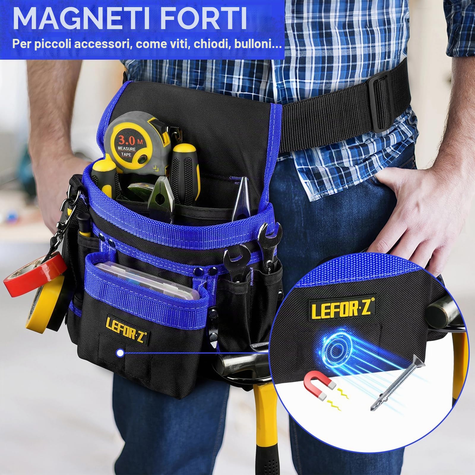 Cintura Porta Attrezzi,Magnetiche Cintura Attrezzi con 14 Tasche,Regolabili Staccabili Cintura Elettricista,Cintura Attrezzi Lavoro per Elettricista,Falegname,Edilizia,Nero-Blu