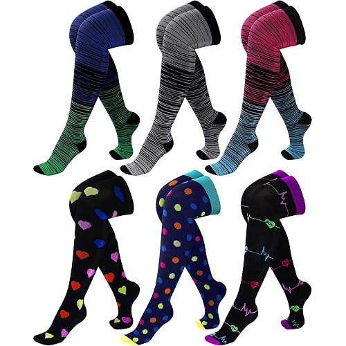6 Pcs Large Size Thigh Compression Socks for Women Men 20-30 Mmhg Circulation Wide Calf Knee Support Stocking for Nurse, Running, Travel