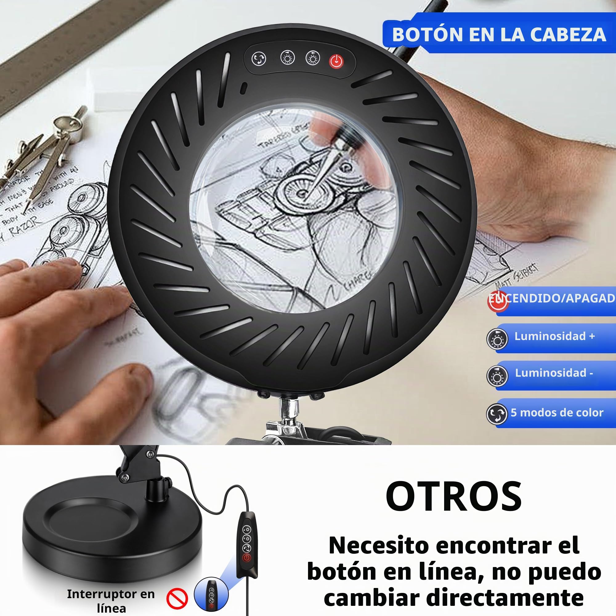 12X Lupa con Luz y Soporte & Brazos Articulados, Adaptador 2A incluido, 5 Modos de Color 9 Brillo, Lupa de Trabajo Luz LED para Trabajos de Precision Modelismo Pintura de Miniaturas Lectura, Negro