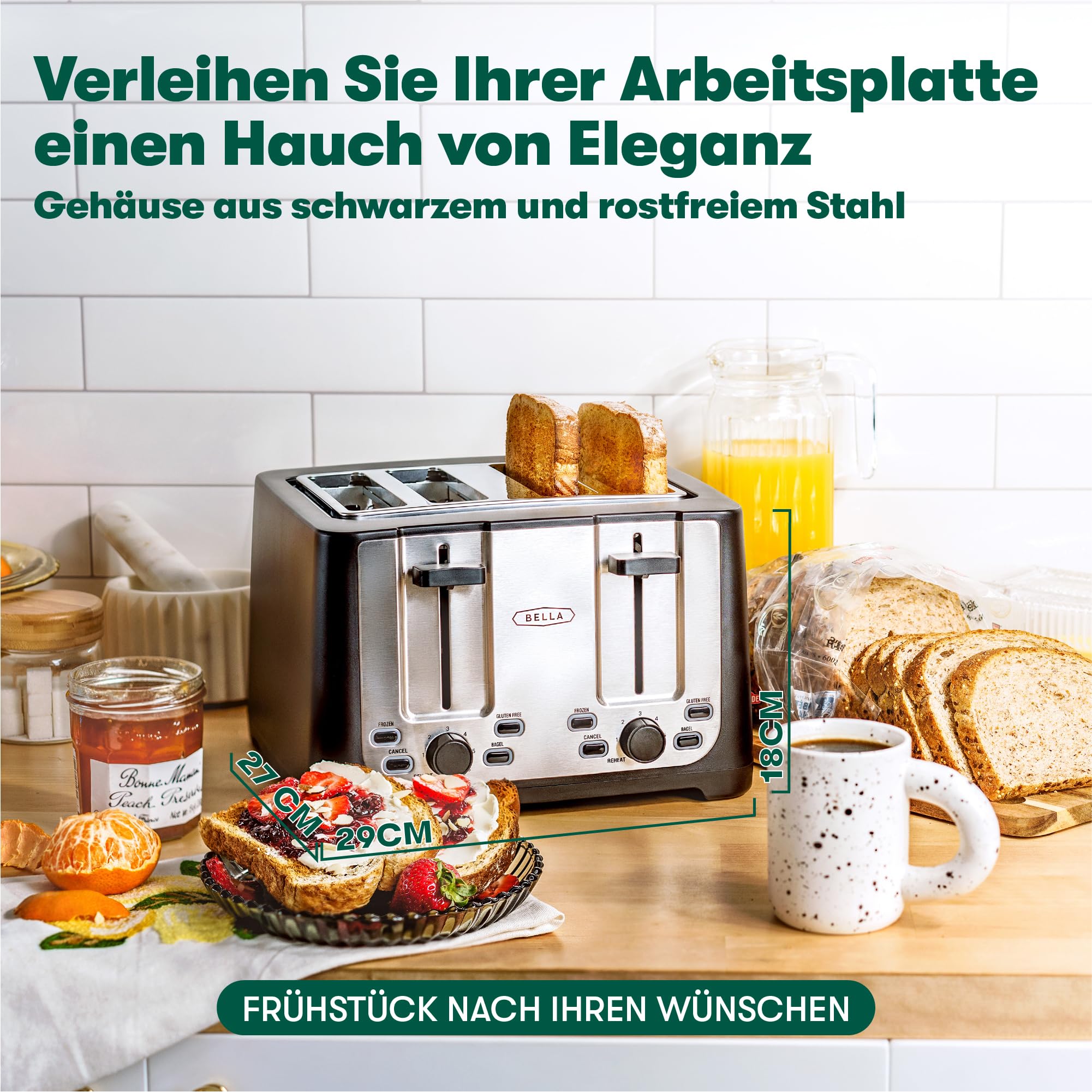 BELLA Tostapane a 4 Fette con Spegnimento Automatico, Fessure Extra Larghe e Vassoio Raccogli Briciole Rimovibile e Funzione Annulla, Scongela e Riscalda, Per Pane, Bagel e Waffle, Nero
