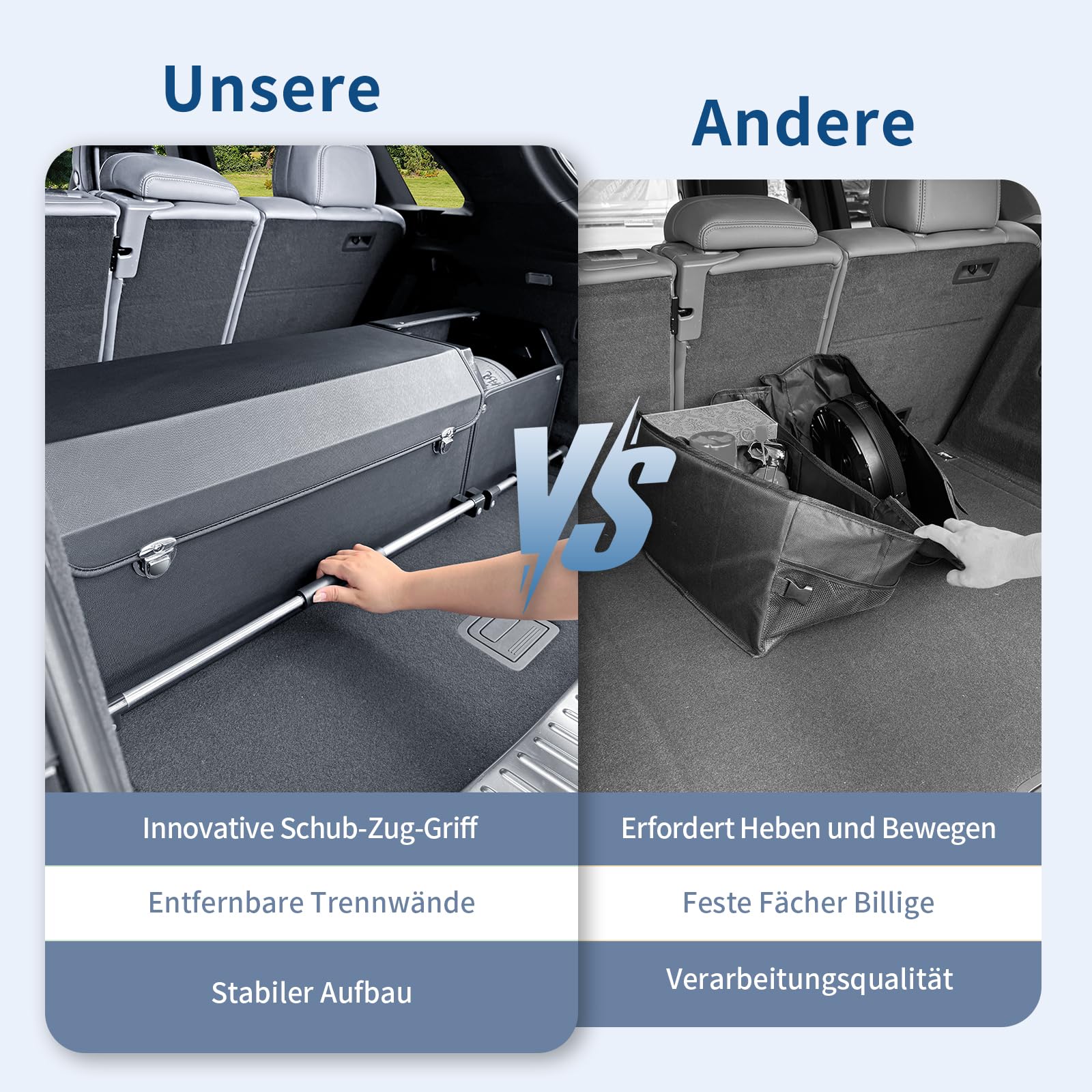 Auto Kofferraum Organizer mit Deckel – 2-in-1 Modulares XXL-Kofferraumtasche, Multifunktionaler Aufbewahrungsbox aus Leder, ABS-verstärkter Rahmen & Push-Pull-Griff (104x29x31cm, Schwarz)