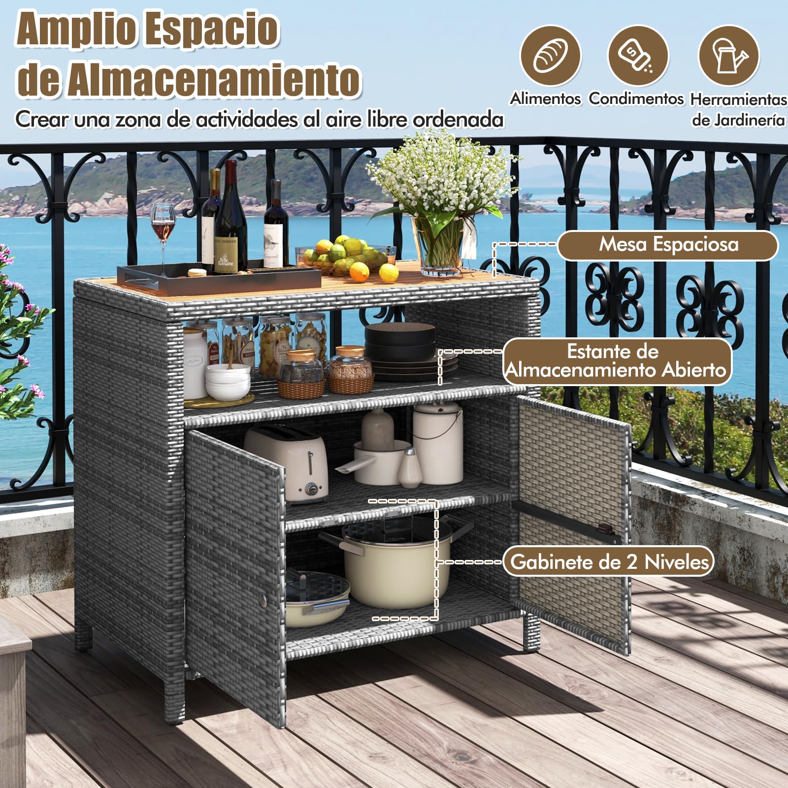 GYMAX Armario de Jardín de Ratán, Aparador con Encimera de Madera de Acacia, 2 Puertas y Estante Abierto, Mueble Exterior Almacenaje para Herramientas de Jardín, 90 x 53 x 86 cm (Gris)