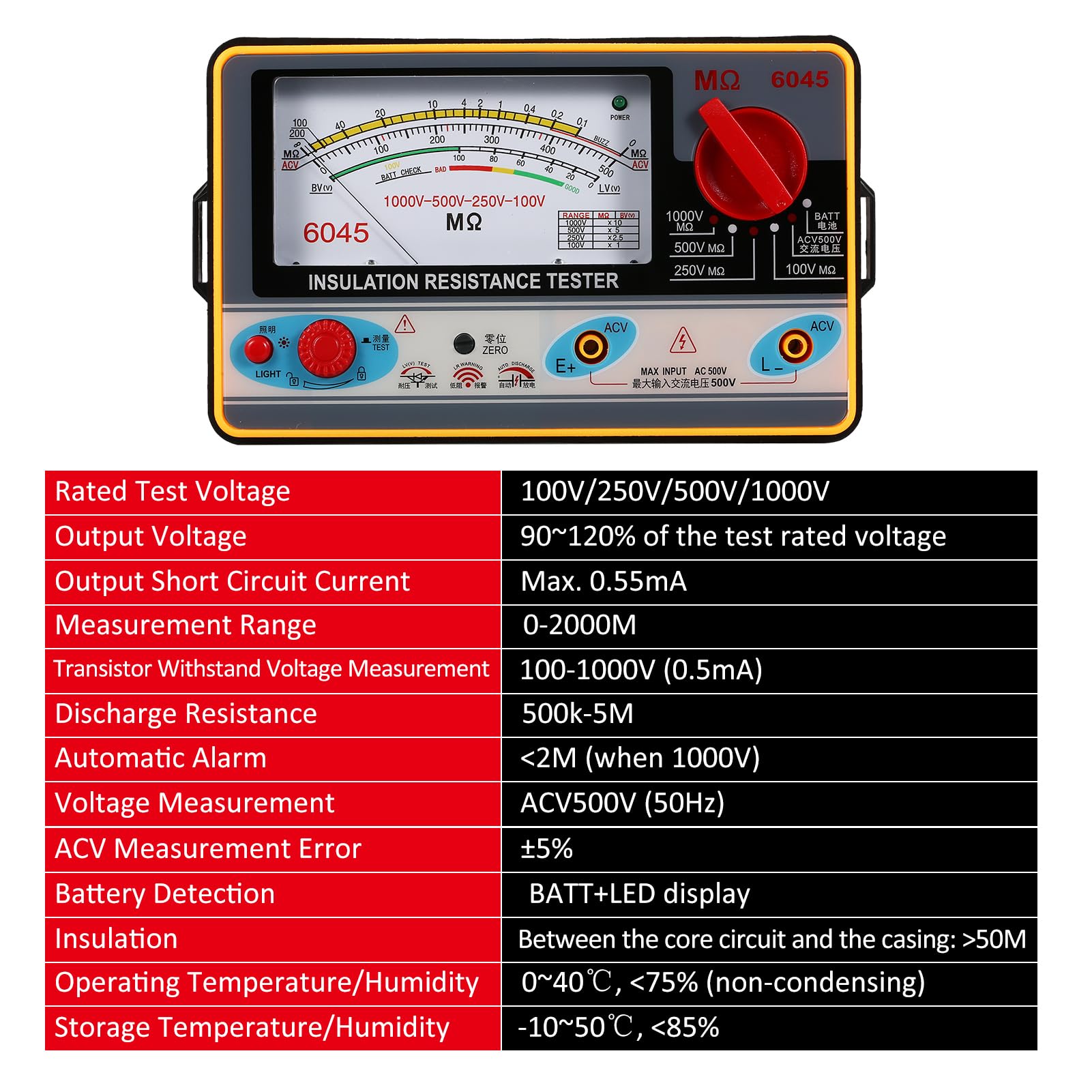 Irfora Isolationswiderstandsmessgerät, digitales Ohmmeter, tragbarer Isolationstester, Megameter, 0–2000 MΩ, 100 V/250 V/500 V/1000 V, hochpräzises Megohmmeter-Isolationsmessgerät