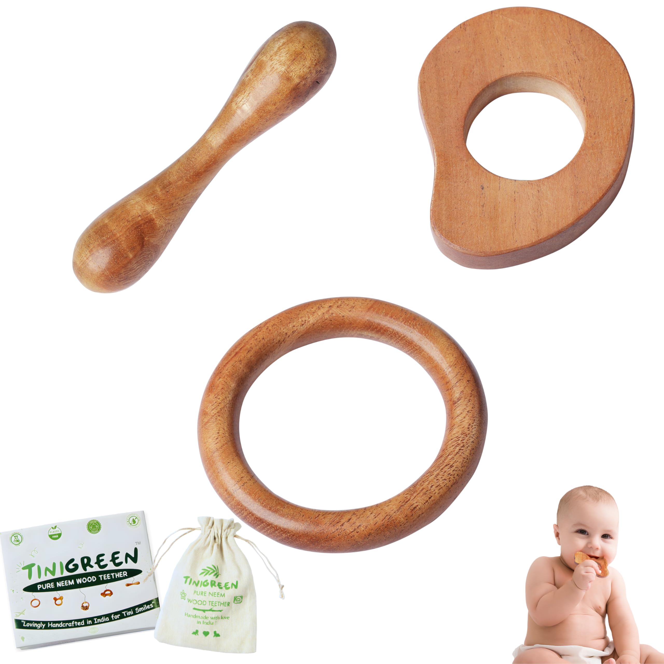 Organic Pure Neem Wood Teether for 3 to 6 Months Old Babies - Mango Ring Dumbbell Shaped Teether Pack of 3-image-12
