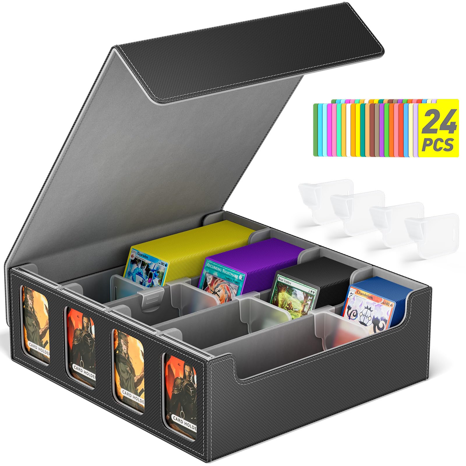 MTG Deck Box, Quartuple Trading Card Storage Box Holds 2400+ Cards for Yugioh, MTG, TCG, Magic the Gathering Commander Cards, Playing Card Case PU Leather Magnetic Closure, Grey